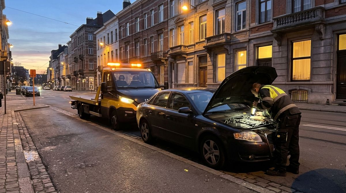 Dépanneuse et mécanicien au travail à Bruxelles